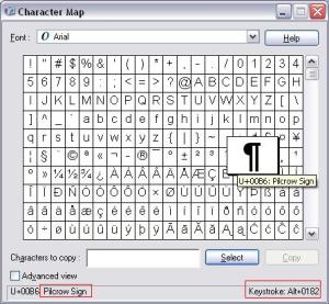Charmap screenshot showing Pilcrow information